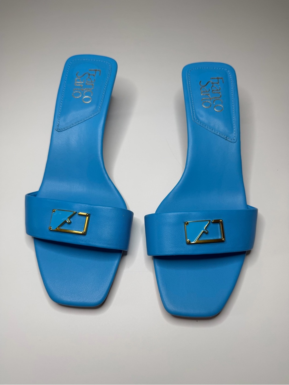 Franco Sarto Bright Blue Slide Mules with Gold Accent
